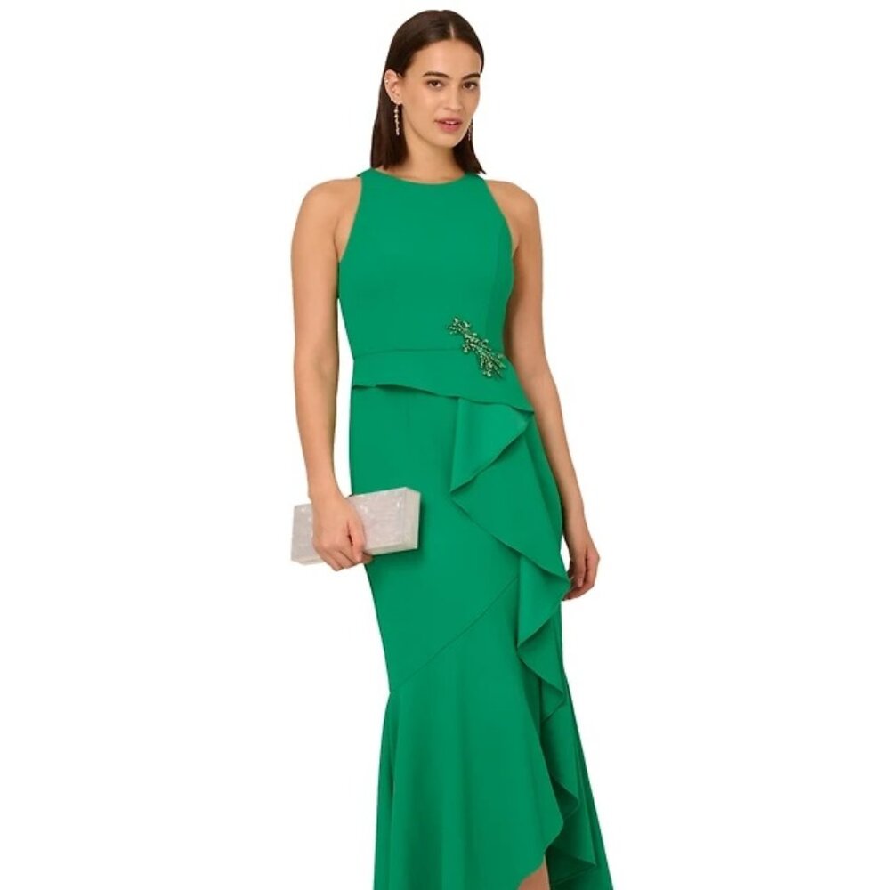 Adrianna Papell Women's Cascading-Ruffle Crepe Gown Vivid Green Size 16